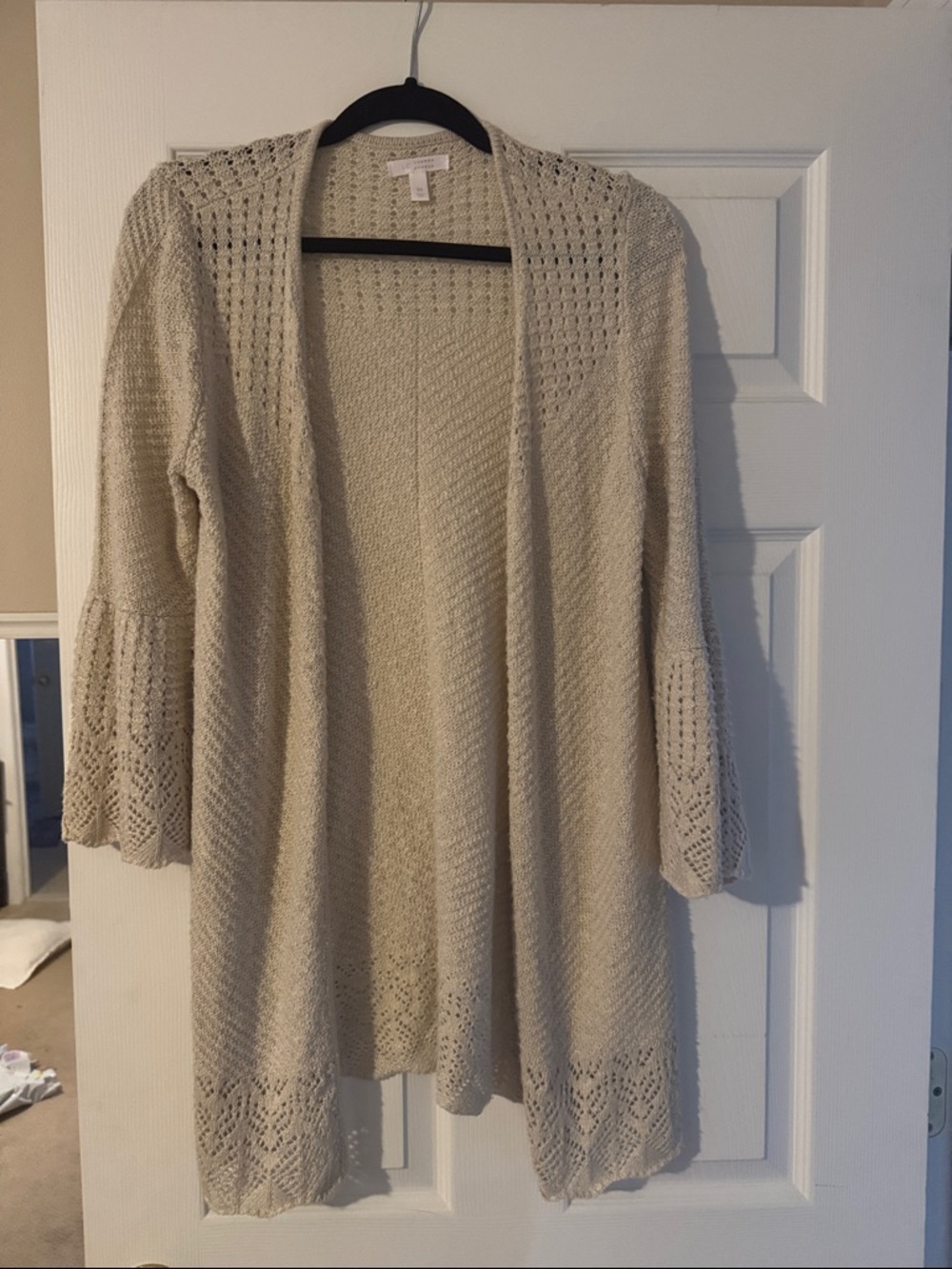 LC Lauren Conrad Open-Front Crochet-Trim Knit Cardigan in Light Beige